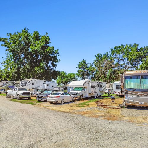 The image shows a campground with RVs and vehicles parked on a dirt road under clear skies, surrounded by green trees.
